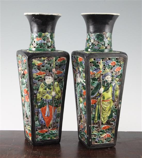 A pair of Chinese glazed biscuit porcelain double walled vases, 19th century, 29cm, one neck restored